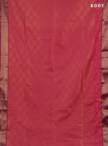 Semi soft silk saree peach pink and magenta pink with allover zari checked pattern and zari woven border