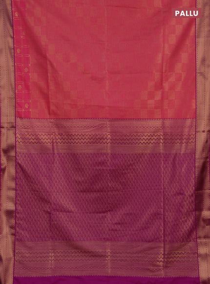 Semi soft silk saree peach pink and magenta pink with allover zari checked pattern and zari woven border