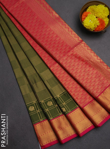 Semi soft silk saree mehendi green and pink with allover zari checked pattern and zari woven border
