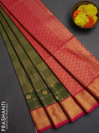 Semi soft silk saree mehendi green and pink with allover zari checked pattern and zari woven border