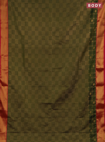 Semi soft silk saree mehendi green and pink with allover zari checked pattern and zari woven border