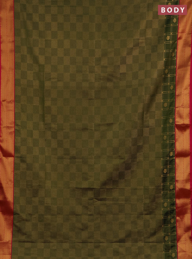 Semi soft silk saree mehendi green and pink with allover zari checked pattern and zari woven border