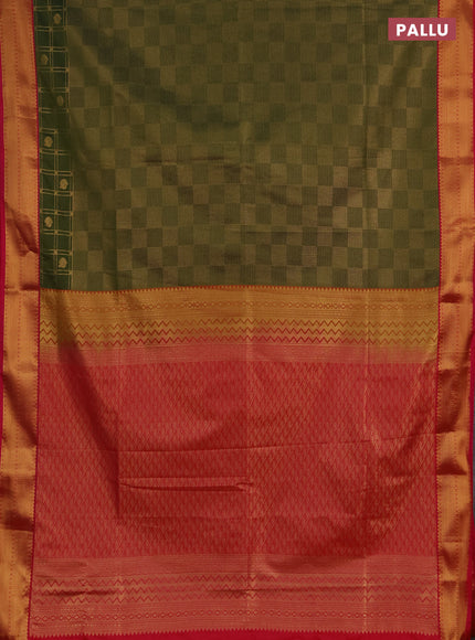 Semi soft silk saree mehendi green and pink with allover zari checked pattern and zari woven border