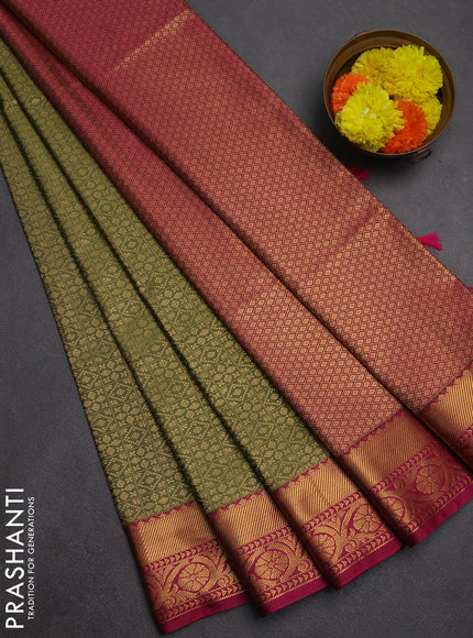 Semi soft silk saree olive green and pink with allover zari checks & buttas and zari woven border