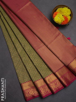 Semi soft silk saree olive green and pink with allover zari checks & buttas and zari woven border