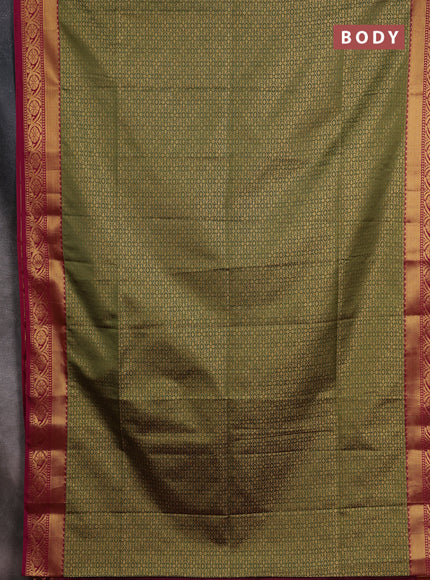 Semi soft silk saree olive green and pink with allover zari checks & buttas and zari woven border