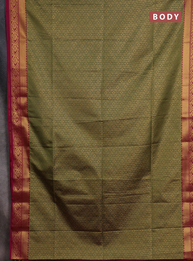 Semi soft silk saree olive green and pink with allover zari checks & buttas and zari woven border