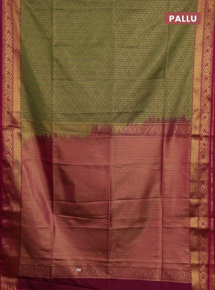Semi soft silk saree olive green and pink with allover zari checks & buttas and zari woven border
