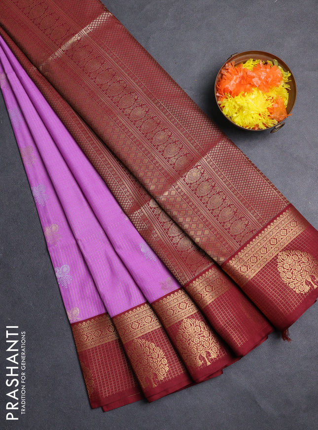 Semi soft silk saree lotus pink and maroon with allover zari weaves & buttas and zari woven border