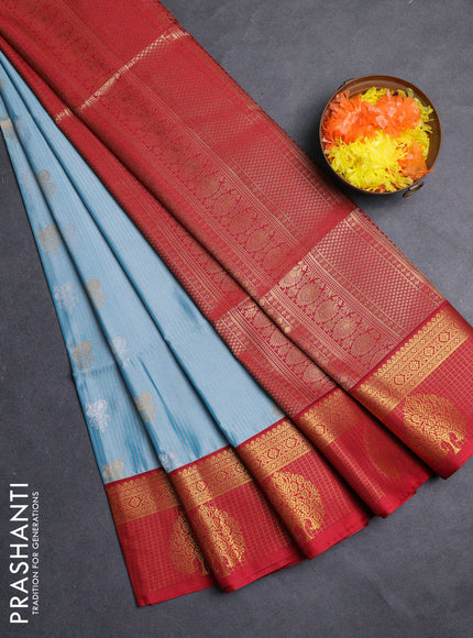 Semi soft silk saree pastel blue and red with allover zari weaves & buttas and zari woven border