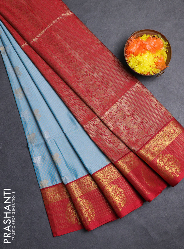 Semi soft silk saree pastel blue and red with allover zari weaves & buttas and zari woven border