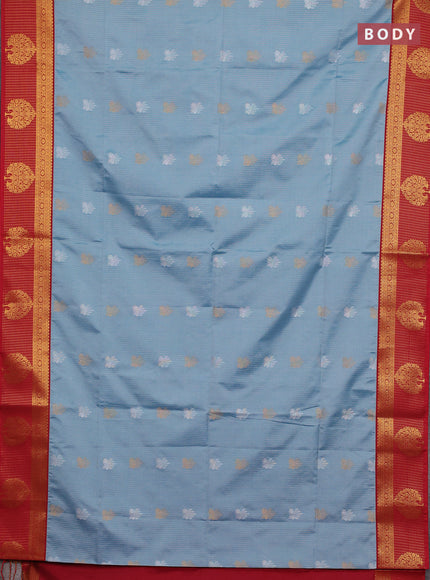Semi soft silk saree pastel blue and red with allover zari weaves & buttas and zari woven border