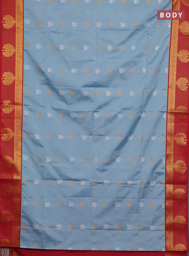 Semi soft silk saree pastel blue and red with allover zari weaves & buttas and zari woven border