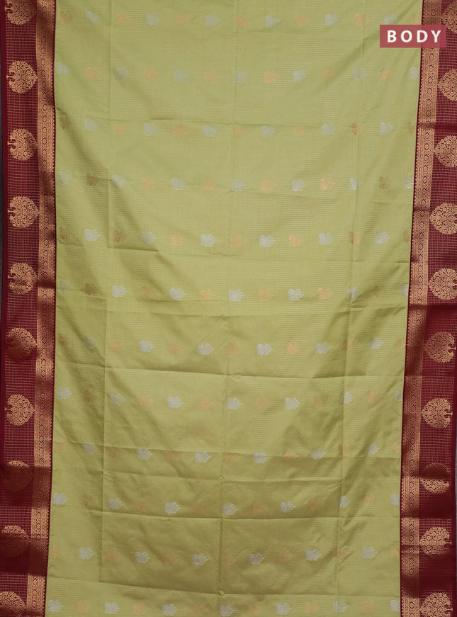 Semi soft silk saree pista green and maroon with allover zari weaves & buttas and zari woven border