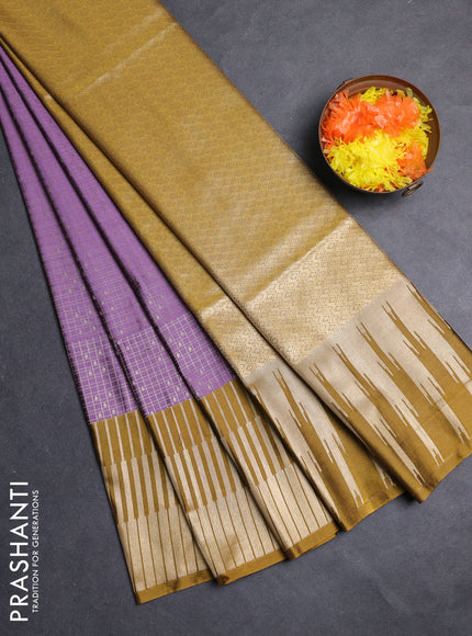 Semi soft silk saree pastel purple and dark mustard with allover zari checks & buttas and long zari woven border