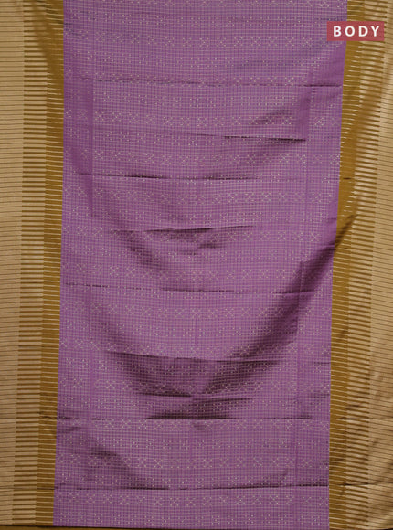 Semi soft silk saree pastel purple and dark mustard with allover zari checks & buttas and long zari woven border