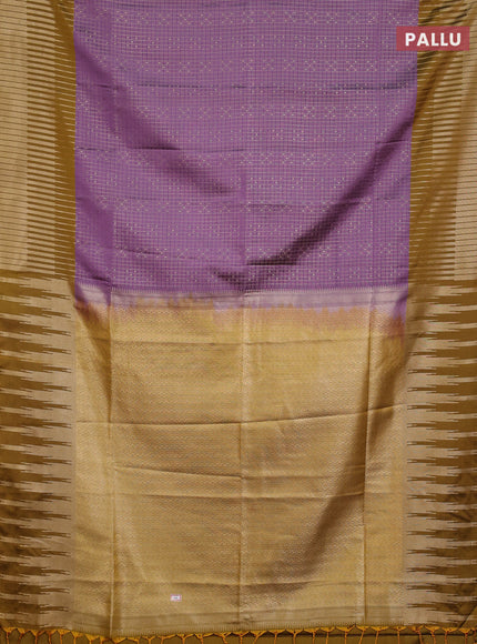 Semi soft silk saree pastel purple and dark mustard with allover zari checks & buttas and long zari woven border