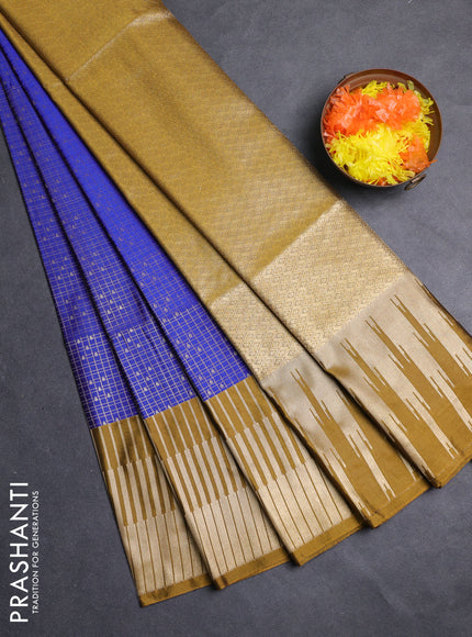 Semi soft silk saree blue and dark mustard with allover zari checks & buttas and long zari woven border