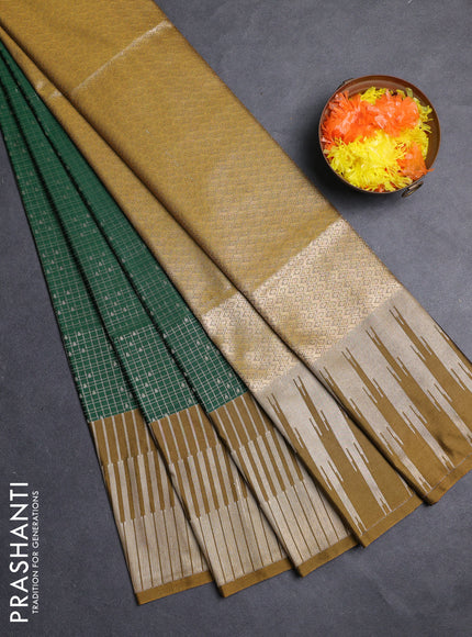 Semi soft silk saree green and dark mustard with allover zari checks & buttas and long zari woven border