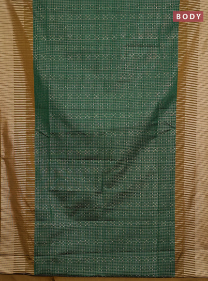Semi soft silk saree green and dark mustard with allover zari checks & buttas and long zari woven border