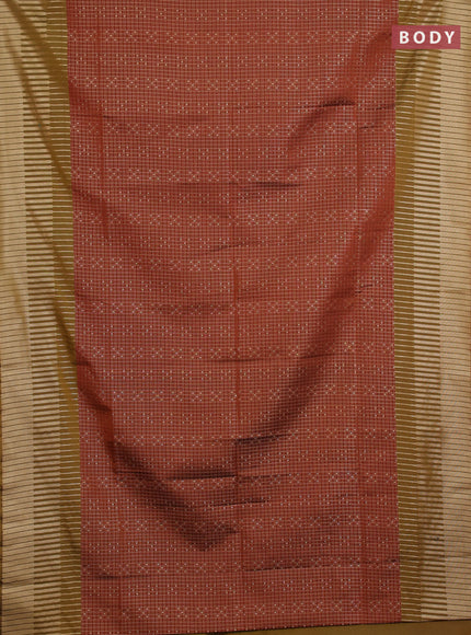 Semi soft silk saree rust shade and dark mustard with allover zari checks & buttas and long zari woven border