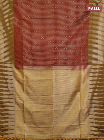 Semi soft silk saree rust shade and dark mustard with allover zari checks & buttas and long zari woven border