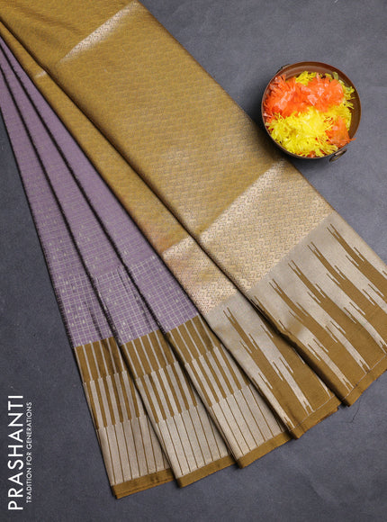 Semi soft silk saree pastel purple and dark mustard with allover zari checks & buttas and long zari woven border
