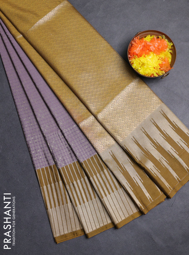 Semi soft silk saree pastel purple and dark mustard with allover zari checks & buttas and long zari woven border