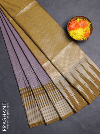 Semi soft silk saree pastel purple and dark mustard with allover zari checks & buttas and long zari woven border
