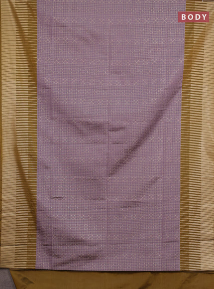 Semi soft silk saree pastel purple and dark mustard with allover zari checks & buttas and long zari woven border