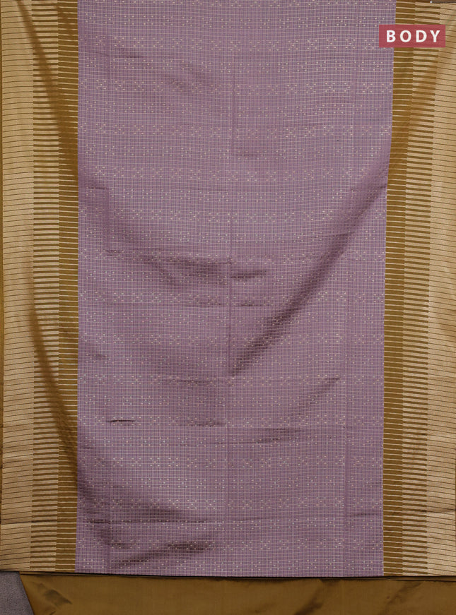 Semi soft silk saree pastel purple and dark mustard with allover zari checks & buttas and long zari woven border