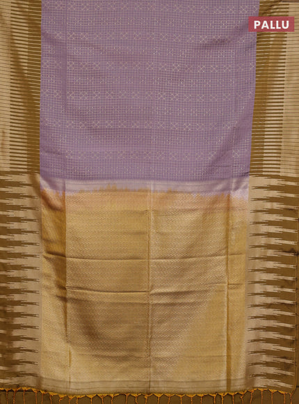 Semi soft silk saree pastel purple and dark mustard with allover zari checks & buttas and long zari woven border