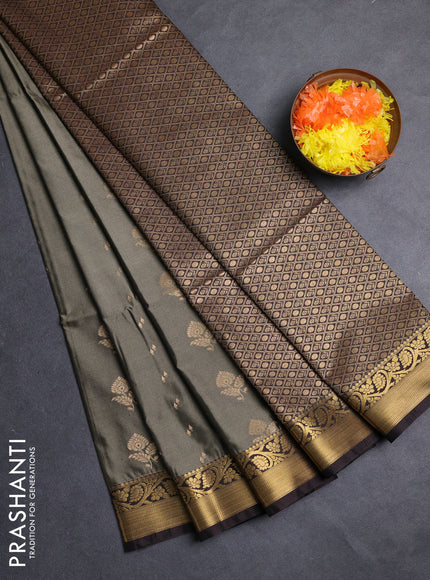 Semi soft silk saree olive green and coffee brown with allover zari woven buttas and zari woven border