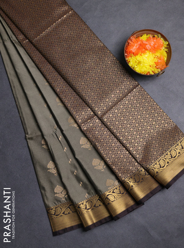 Semi soft silk saree olive green and coffee brown with allover zari woven buttas and zari woven border