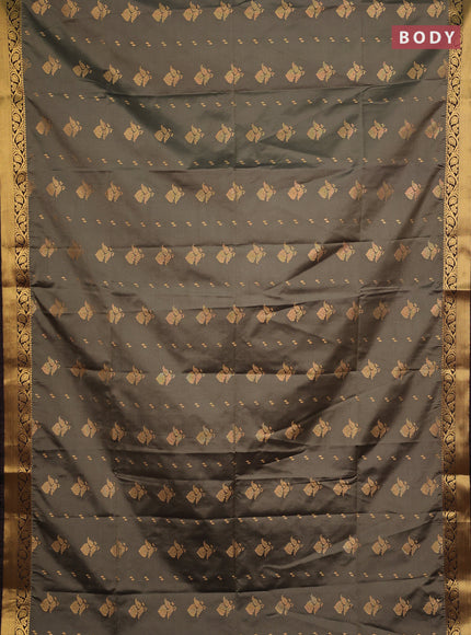 Semi soft silk saree olive green and coffee brown with allover zari woven buttas and zari woven border