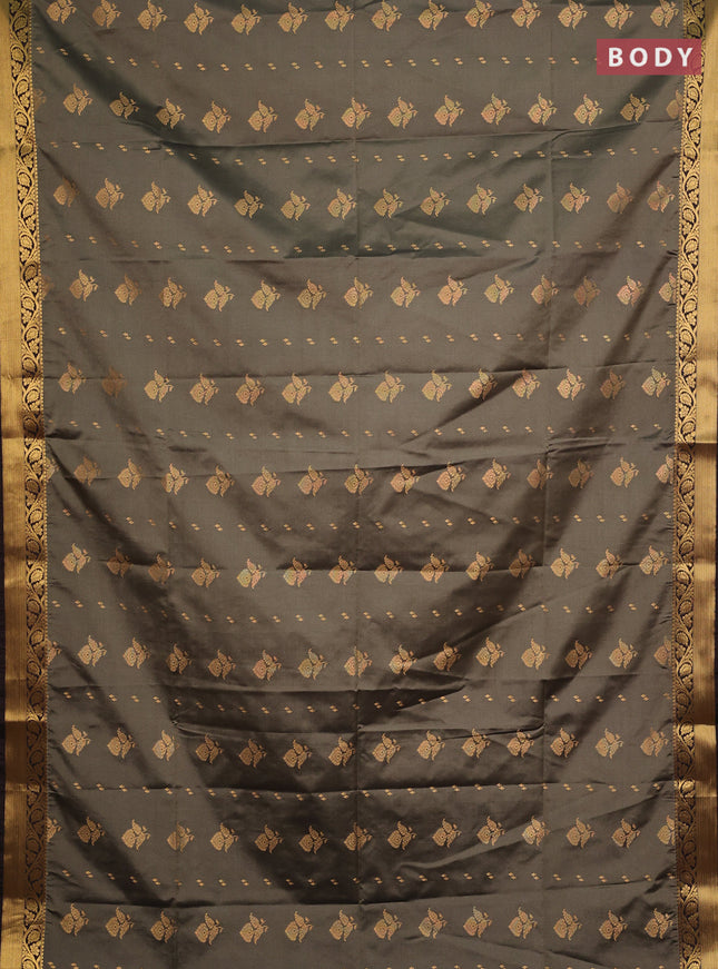 Semi soft silk saree olive green and coffee brown with allover zari woven buttas and zari woven border