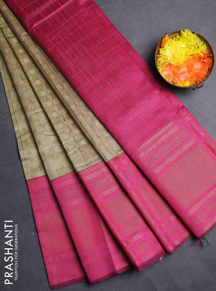 Semi dupion saree beige and pink with allover zari checks & 1000 buttas and long temple zari woven border