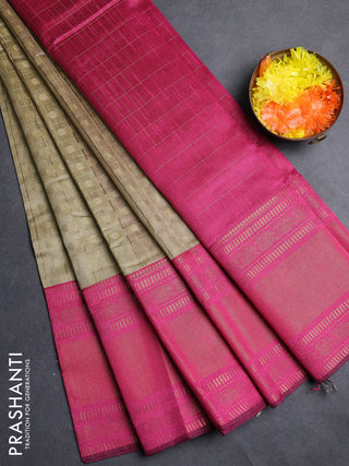 Semi dupion saree beige and pink with allover zari checks & 1000 buttas and long temple zari woven border