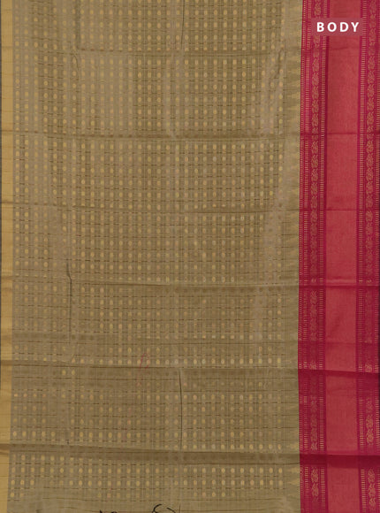 Semi dupion saree beige and pink with allover zari checks & 1000 buttas and long temple zari woven border