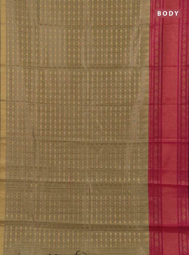 Semi dupion saree beige and pink with allover zari checks & 1000 buttas and long temple zari woven border