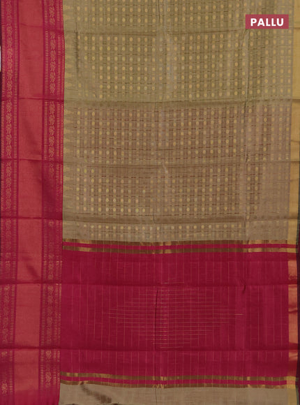 Semi dupion saree beige and pink with allover zari checks & 1000 buttas and long temple zari woven border
