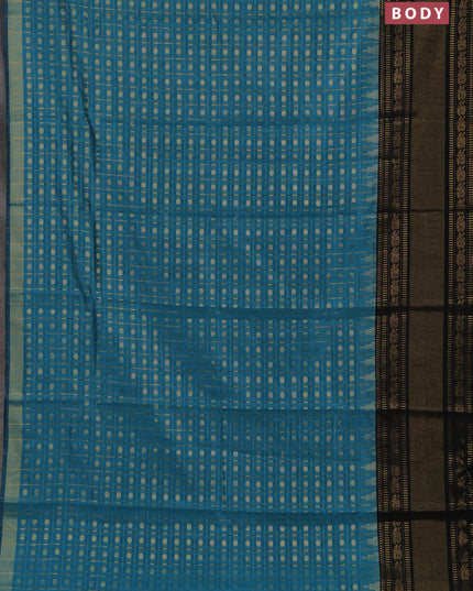 Semi dupion saree teal blue shade and black with allover zari checks & 1000 buttas and long temple zari woven border