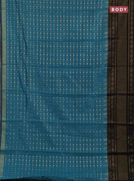 Semi dupion saree teal blue shade and black with allover zari checks & 1000 buttas and long temple zari woven border