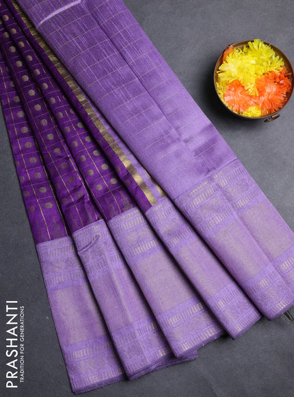 Semi dupion saree violet and lavender with allover zari checks & 1000 buttas and long temple zari woven border