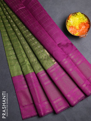 Semi dupion saree mehendi green and purple with allover zari checks & 1000 buttas and long temple zari woven border