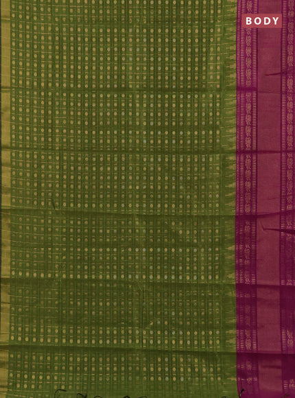 Semi dupion saree mehendi green and purple with allover zari checks & 1000 buttas and long temple zari woven border