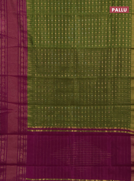 Semi dupion saree mehendi green and purple with allover zari checks & 1000 buttas and long temple zari woven border