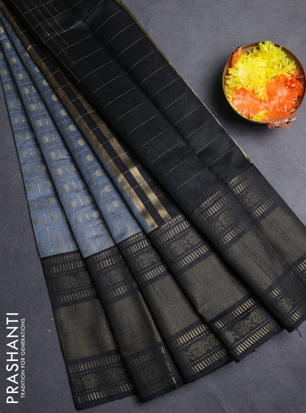 Semi dupion saree grey and black with allover zari checks & 1000 buttas and long temple zari woven border
