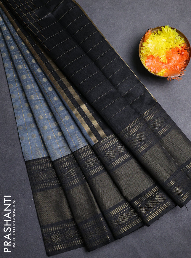 Semi dupion saree grey and black with allover zari checks & 1000 buttas and long temple zari woven border