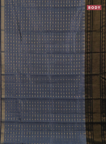 Semi dupion saree grey and black with allover zari checks & 1000 buttas and long temple zari woven border